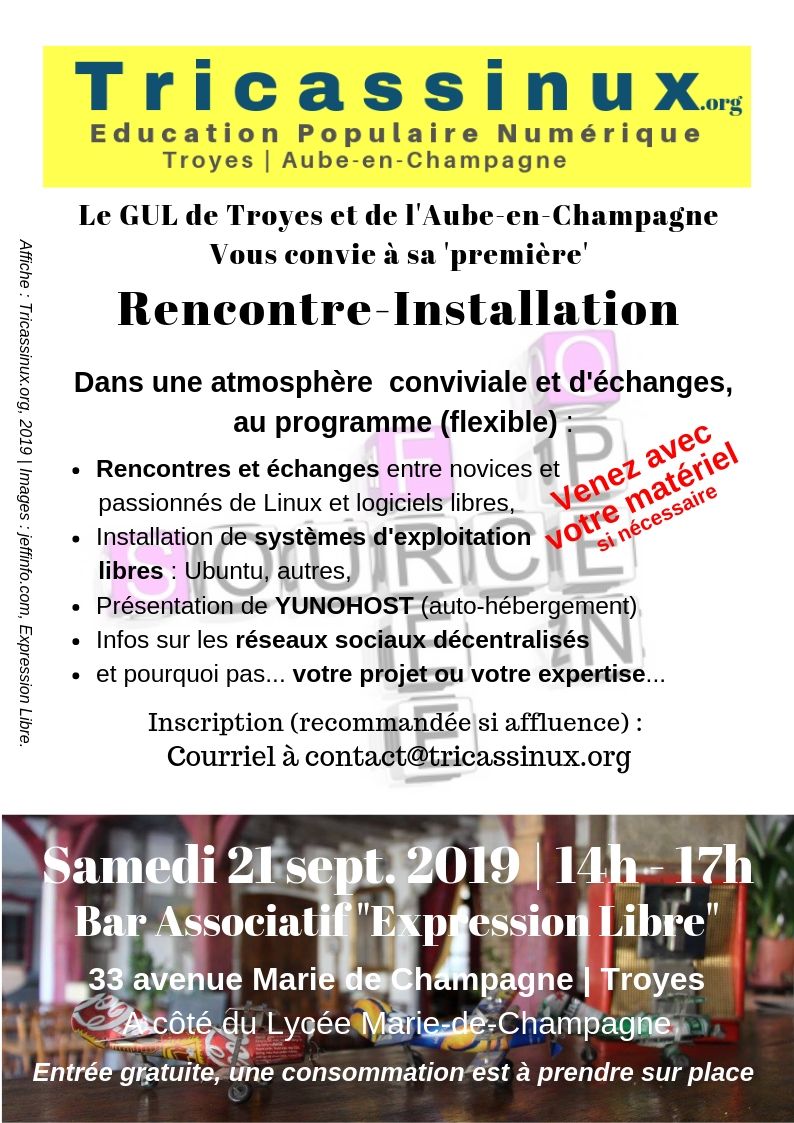 Afficher Rencontre-Installation de Tricassinux, Troyes, le samedi 21/09/2019 au bar l'Expression Libre